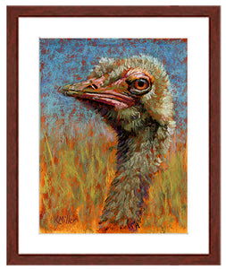 Mildred. Pastel portrait of an ostrich with Mahogany frame by award winning artist Kathie Miller.