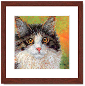 Pastel portrait print of a calico cat with a mahogany frame and 2” white mat. Rendered in a contemporary style using bold strokes and bright colors by award winning artist Kathie Miller. 