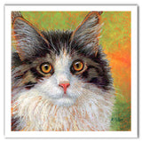 Pastel portrait print of a calico cat. Rendered in a contemporary style using bold strokes and bright colors by award winning artist Kathie Miller.