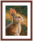 " Mocha - Rabbit”. Pastel portrait of a rabbit with a mahogany frame and white mat. Rendered in a contemporary style using bold strokes and bright colors by award winning artist Kathie Miller. 