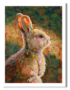 “Mocha - Rabbit” Pastel portrait of a rabbit in the bright sun. Rendered in a  contemporary style using bold strokes and bright colors by award winning artist Kathie Miller.