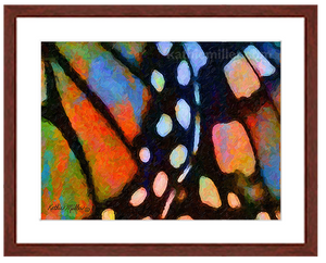  Monarch Butterfly wing abstract painting with mahogany frame by wildlife artist Kathie Miller.