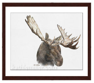 Moose painting with walnut frame by award winning artist Kathie Miller. Prints available.