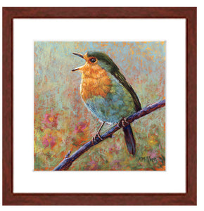 Pastel painting of a songbird in a garden with a mahogany frame and white mat. Rendered in a contemporary style using bold strokes and bright colors by award winning artist Kathie Miller. 