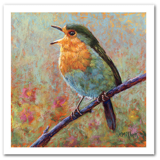 Pastel painting of a songbird in a garden. Rendered in a contemporary style using bold strokes and bright colors by award winning artist Kathie Miller.