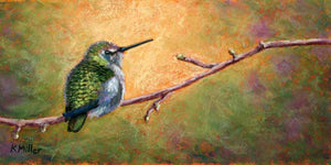 Original 12” x 6” pastel portrait of a hummingbird resting on a branch with the morning light behind it by award winning artist Kathie Miller. Contemporary style using bold strokes and bright colors. Prints available.