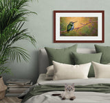 Pastel portrait print of a hummingbird resting on a branch with the morning light behind it framed in mahogany and a white mat  hanging in a neutral green bedroom.  Rendered in a contemporary style using bold strokes and bright colors by award winning artist Kathie Miller.