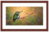 Pastel portrait print of a hummingbird resting on a branch with the morning light behind it with a mahogany frame and white mat. Rendered in a contemporary style using bold strokes and bright colors by award winning artist Kathie Miller. 