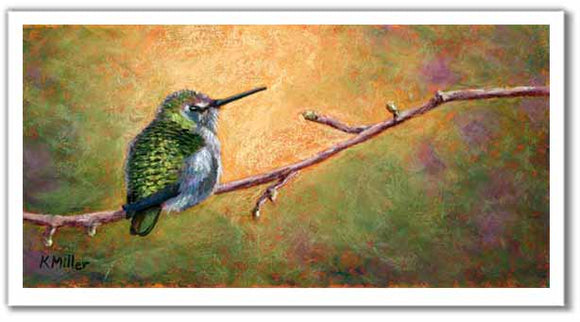 Pastel portrait print of a hummingbird resting on a branch with the morning light behind it. Rendered in a contemporary style using bold strokes and bright colors by award winning artist Kathie Miller.