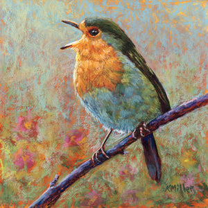 Original 8” x 8” Patel painting of a songbird in a garden by award winning artist Kathie Miller. Contemporary style using bold strokes and bright colors. Prints available.