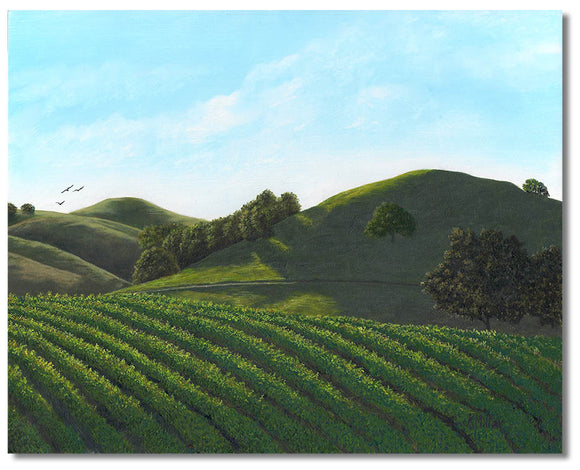 Original hyper realistic oil painting of grape vines among the hills in Sonoma Valley, California. 8” x 10” Oil on panel by award winning artist Kathie Miller.  Painting is shipped unframed.