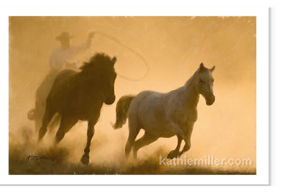 Mustang Roundup painting by wildlife artist Kathie Miller. Prints available. 