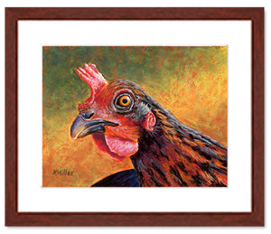 Pastel portrait print of a Welsummer hen with a mahogany frame and 2” white mat. Rendered in a contemporary style using bold strokes and bright colors by award winning artist Kathie Miller. 