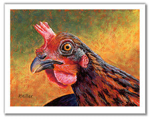 Pastel portrait print of a Welsummer hen. Rendered in a contemporary style using bold strokes and bright colors by award winning artist Kathie Miller.
