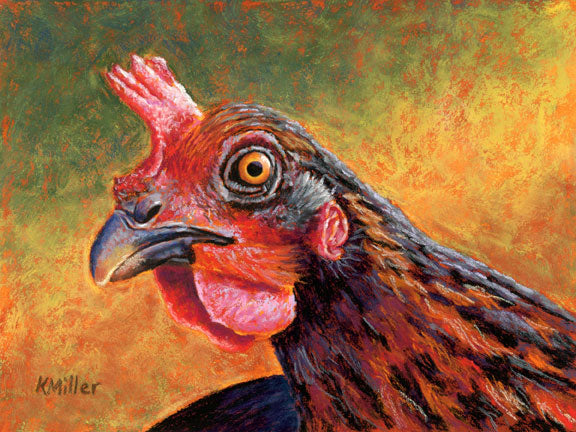 Original 8” x 6” pastel portrait of a Welsummer hen by award winning artist Kathie Miller. Contemporary style using bold strokes and bright colors. Prints available.