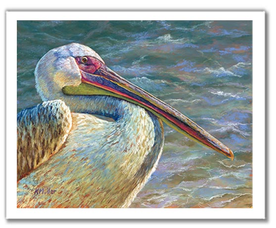 Pastel portrait print of a pelican with the ocean in the background. Rendered in a contemporary style using bold strokes and bright colors by award winning artist Kathie Miller.