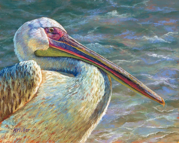 Original 10” x 8” pastel portrait of a pelican with the ocean in the background light by award winning artist Kathie Miller. Contemporary style using bold strokes and bright colors. Prints available.