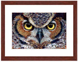 Pastel portrait print of a great horned owl with a mahogany frame and 2” white mat. Rendered in a contemporary style using bold strokes and bright colors by award winning artist Kathie Miller. 