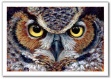 Pastel portrait print of a great horned owl. Rendered in a contemporary style using bold strokes and bright colors by award winning artist Kathie Miller.