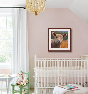 Pastel painting of a lamb in the sun in a babies room .  Rendered in a contemporary style using bold strokes and bright colors by award winning artist Kathie Miller.