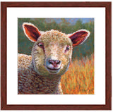 Pastel painting of a lamb in the sun with a mahogany frame and white mat. Rendered in a contemporary style using bold strokes and bright colors by award winning artist Kathie Miller. 