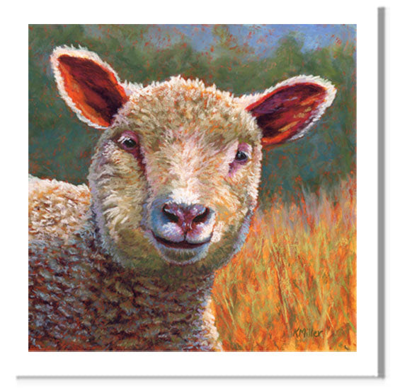Pastel painting of a lamb in the sun. Rendered in a contemporary style using bold strokes and bright colors by award winning artist Kathie Miller.