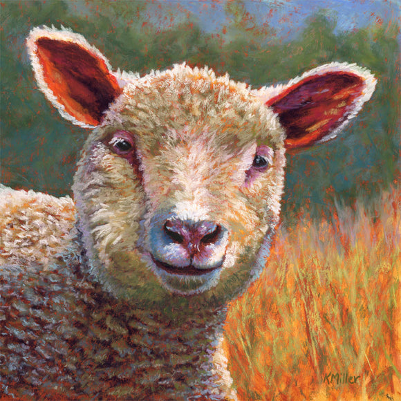 Original 12” x 12” Patel painting of a lamb in the sun by award winning artist Kathie Miller. Contemporary style using bold strokes and bright colors. Prints available.