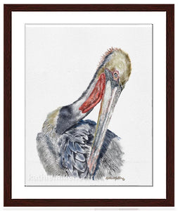Pelican painting with walnut frame by award winning artist Kathie Miller. Prints available.
