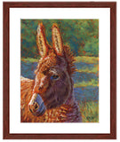 Pastel portrait print of a donkey in the sun with a mahogany frame and 2” white mat. Rendered in a contemporary style using bold strokes and bright colors by award winning artist Kathie Miller. 