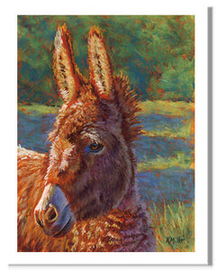 Pastel portrait print of a donkey in the sun. Rendered in a contemporary style using bold strokes and bright colors by award winning artist Kathie Miller.