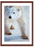 Polar Bear painting with mohogany frame by award winning artist Kathie Miller. Prints available.