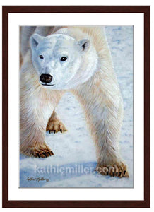 Polar Bear painting with walnut frame by award winning artist Kathie Miller. Prints available.