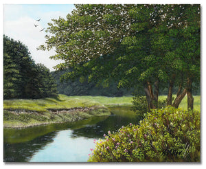 Original hyper realistic oil painting of trees and a grassy bank by a river, 8 x 10 Oil on panel by award winning artist Kathie Miller. Painting is shipped unframed.