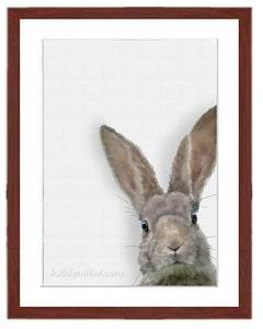 Rabbit painting nursery art with mahogany frame by wildlife artist Kathie Miller. Perfect for the nursery or child's room. Prints available. 