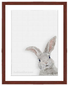 Baby rabbit nursery art with mahogany frame by wildlife artist Kathie Miller . Perfect for any child's room. Prints available.