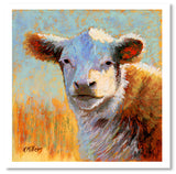 Pastel portrait print of a calf in the morning sun. Rendered in a contemporary style using bold strokes and bright colors by award winning artist Kathie Miller.