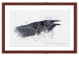 Raven II painting rendered in a contemporary watercolor style with mohogany frame  by wildlife artist Kathie Miller.  Prints available.