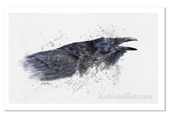 Raven II painting  rendered in a contemporary watercolor style by wildlife artist Kathie Miller.  Prints available.