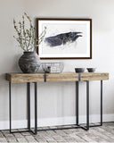 Raven II painting rendered in a contemporary watercolor style hanging in a modern rustic entrance hall by wildlife artist Kathie Miller.  Prints available.