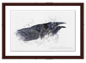 Raven II painting rendered in a contemporary watercolor style  with walnut frame by wildlife artist Kathie Miller.  Prints available.
