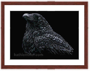 Raven on Black painting with mohogany frame by wildlife artist Kathie Miller. Prints available.