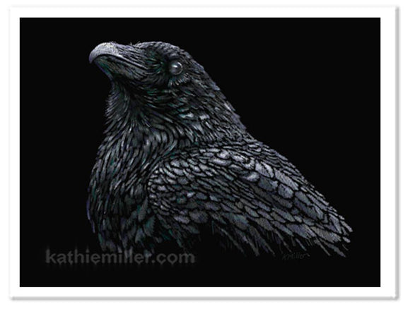 Raven on Black painting by wildlife artist Kathie Miller. Prints available.