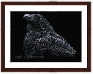 Raven on Black painting with walnut frame by wildlife artist Kathie Miller. Prints available.