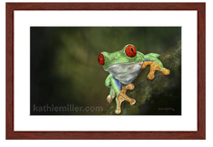 Red Eyed Tree Frog by with mohogany frame award winning artist Kathie Miller