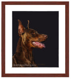Red Doberman Portrait painting with mahogany frame by wildlife artist Kathie Miller.  Prints available.