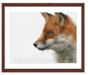 Red Fox Portrait painting with mohogany frame by award winning artist Kathie Miller. Prints available.