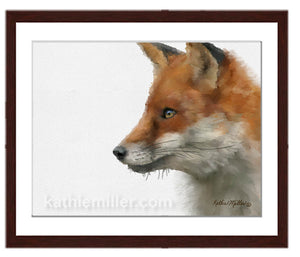 Red Fox Portrait painting with walnut frame by award winning artist Kathie Miller. Prints available.
