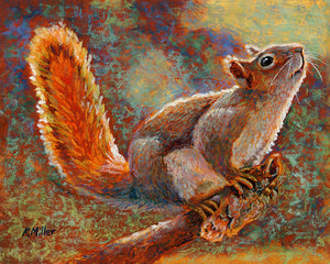 "Rocky-Squirrel " 10” x 8”. Original pastel portrait of a squirrel in the bright sunshine by award winning artist Kathie Miller. Contemporary style using bold strokes and bright colors. Prints available.