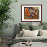 A mock up photo of a elegant bedroom. Hung on the wall is a print of my painting “Rocky-Squirrel” by award winning artist Kathie Miller. The print has a mahogany frame and white mat. This is a contemporary pastel portrait of a squirrel rendered in bold expressive strokes and bright colors. 