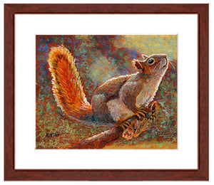 " Rocky-Squirrel”. Pastel portrait of a squirrel with a mahogany frame and white mat. Rendered in a contemporary style using bold strokes and bright colors by award winning artist Kathie Miller. 